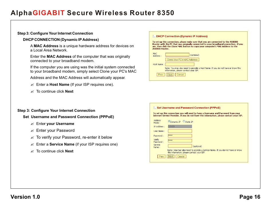 Alpha secure wireless router 8350 gigabit, Version 1.0 page 16 | AlphaShield Alpha Secure Wireless Router 8350 User Manual | Page 16 / 69