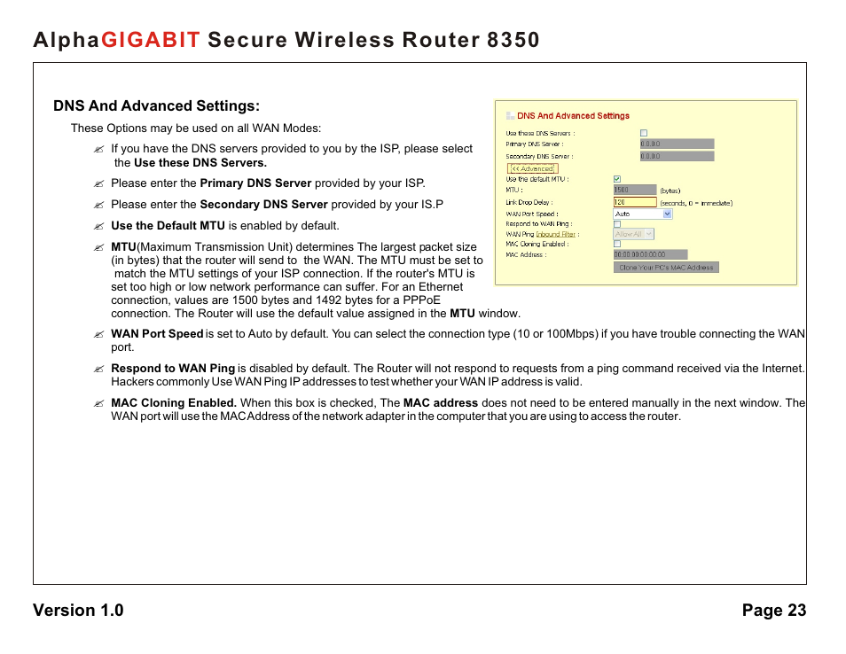 Alpha secure wireless router 8350 gigabit | AlphaShield Alpha Secure Wireless Router 8350 User Manual | Page 23 / 69