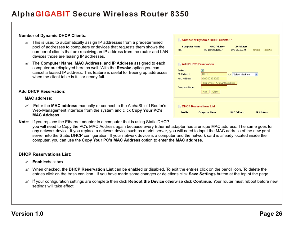 Alpha secure wireless router 8350 gigabit, Version 1.0 page 26 | AlphaShield Alpha Secure Wireless Router 8350 User Manual | Page 26 / 69