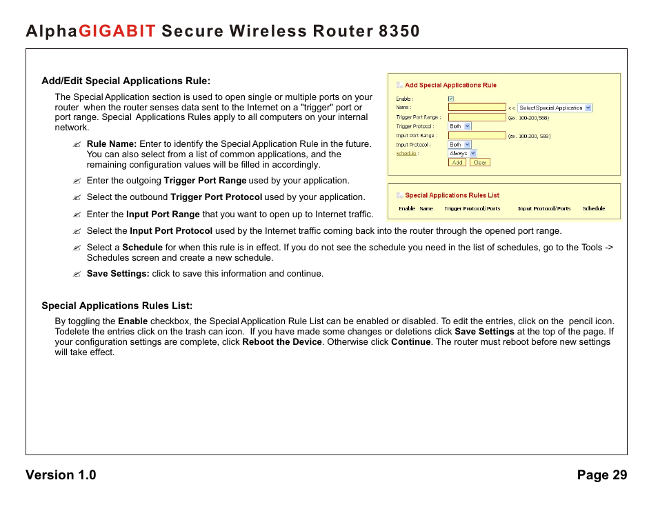 Alpha secure wireless router 8350 gigabit, Version 1.0 page 29 | AlphaShield Alpha Secure Wireless Router 8350 User Manual | Page 29 / 69