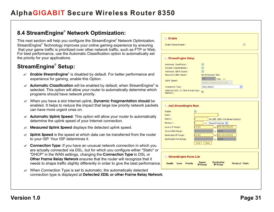 Alpha secure wireless router 8350 gigabit, 4 streamengine network optimization, Streamengine setup | Version 1.0 page 31 | AlphaShield Alpha Secure Wireless Router 8350 User Manual | Page 31 / 69