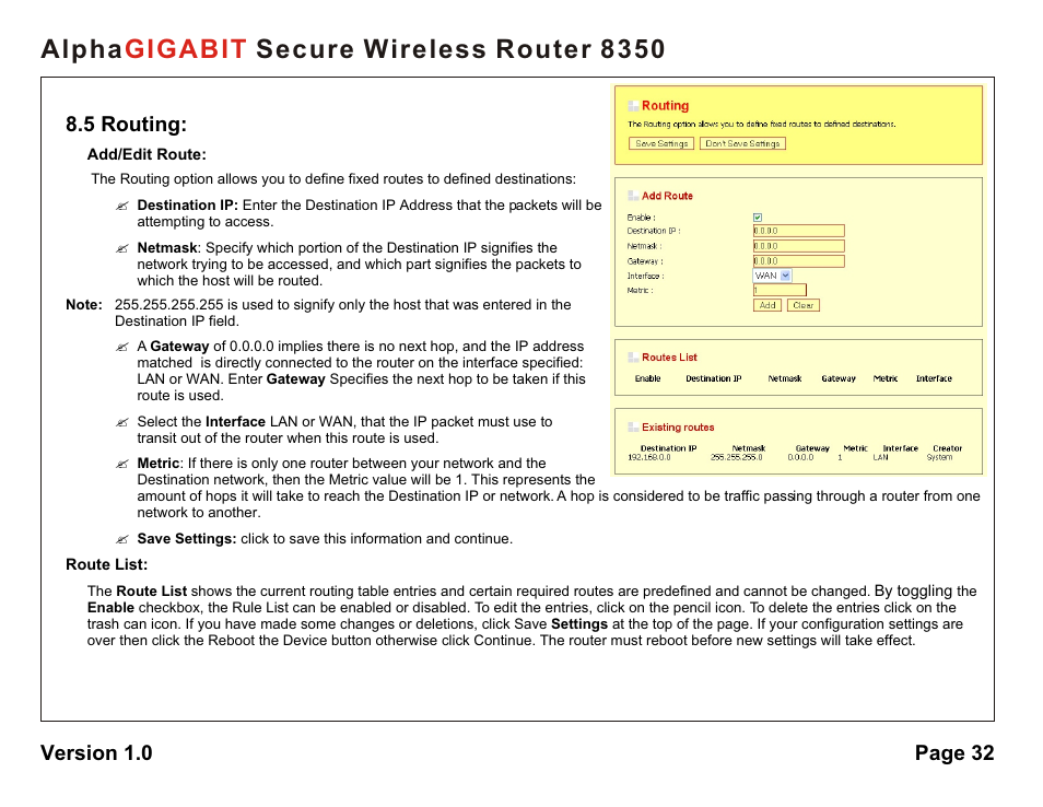 Alpha secure wireless router 8350 gigabit, 5 routing, Version 1.0 page 32 | AlphaShield Alpha Secure Wireless Router 8350 User Manual | Page 32 / 69