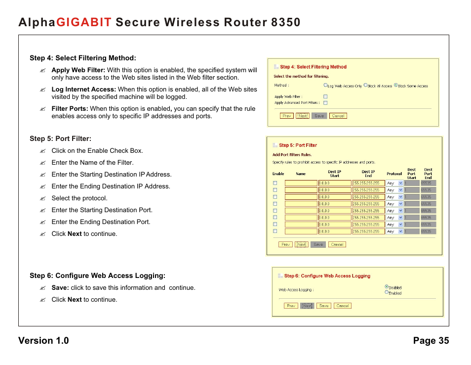 Alpha secure wireless router 8350 gigabit, Version 1.0 page 35 | AlphaShield Alpha Secure Wireless Router 8350 User Manual | Page 35 / 69