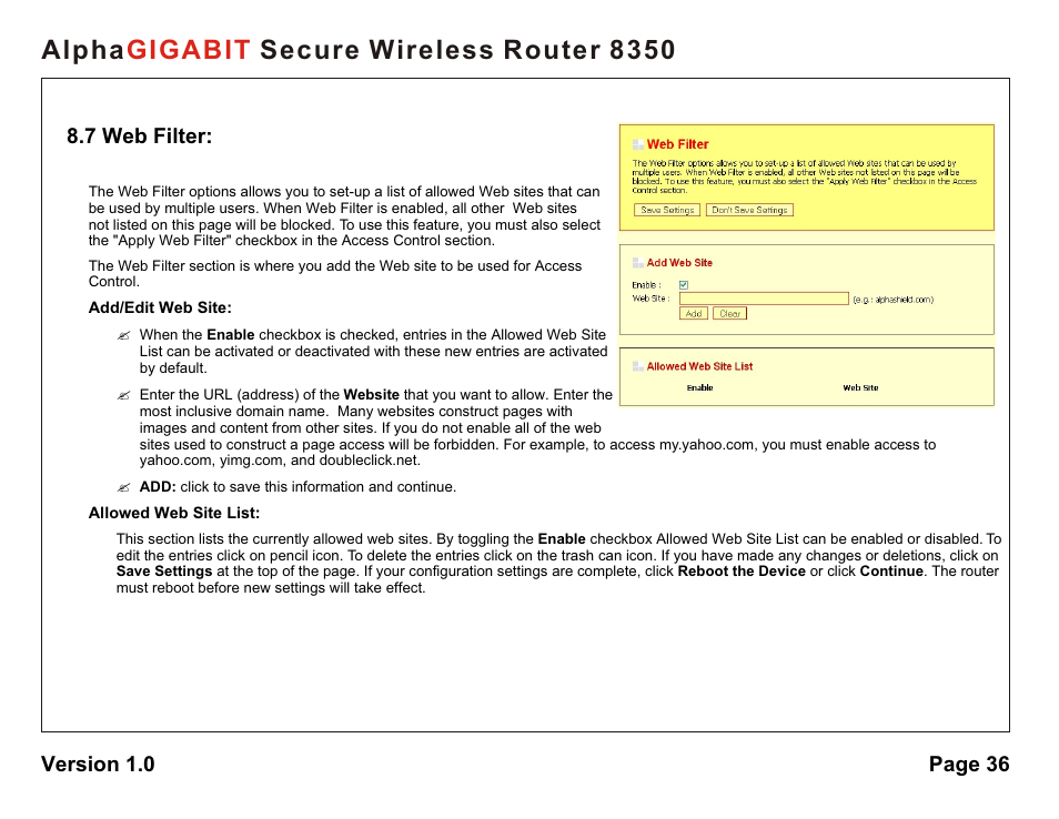 Alpha secure wireless router 8350 gigabit | AlphaShield Alpha Secure Wireless Router 8350 User Manual | Page 36 / 69