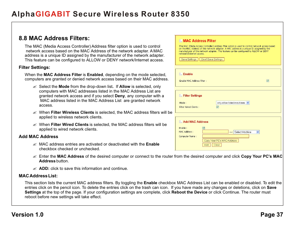 Alpha secure wireless router 8350 gigabit, 8 mac address filters, Version 1.0 page 37 | AlphaShield Alpha Secure Wireless Router 8350 User Manual | Page 37 / 69