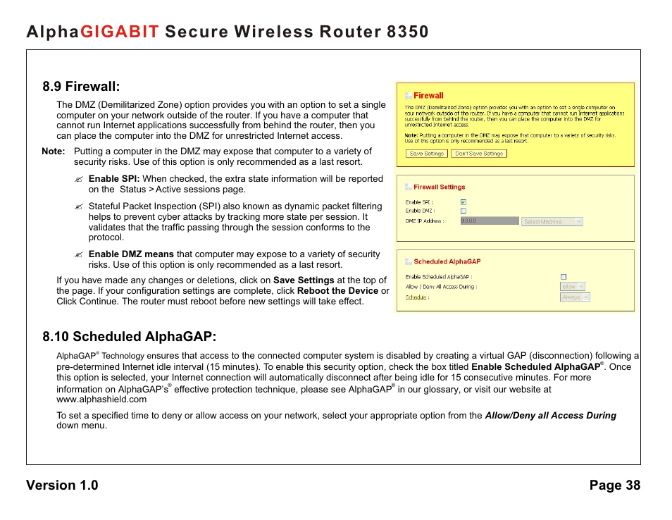 Alpha secure wireless router 8350 gigabit, 9 firewall, 10 scheduled alphagap | Version 1.0 page 38 | AlphaShield Alpha Secure Wireless Router 8350 User Manual | Page 38 / 69