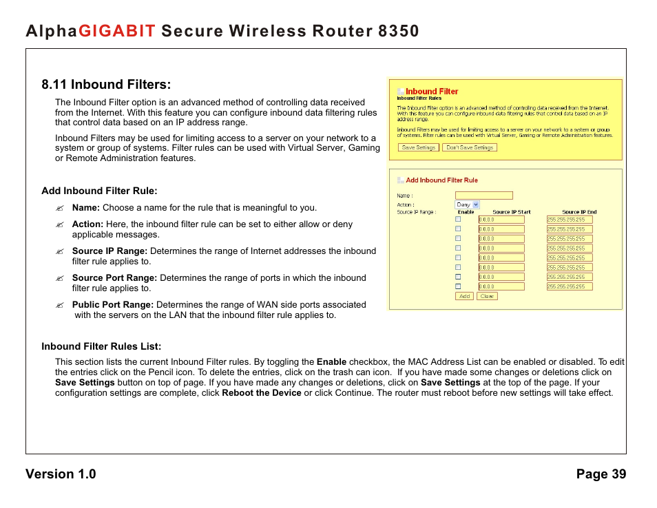 Alpha secure wireless router 8350 gigabit | AlphaShield Alpha Secure Wireless Router 8350 User Manual | Page 39 / 69