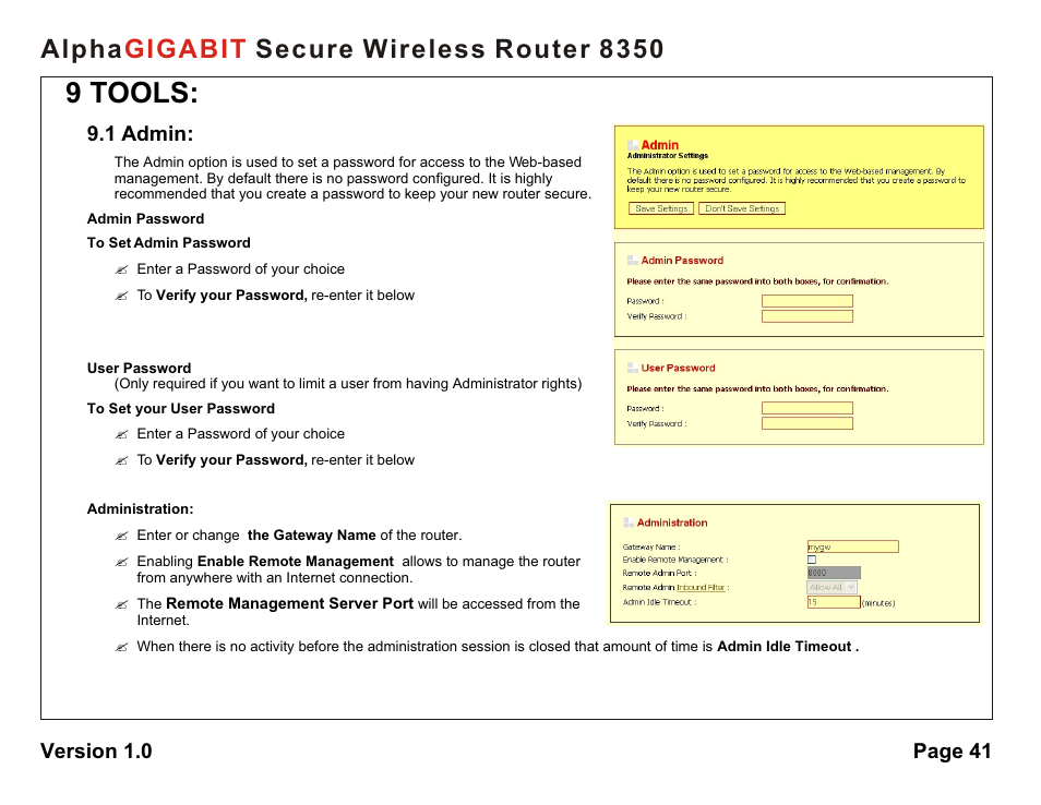 9 tools, Alpha secure wireless router 8350 gigabit, 1 admin | Version 1.0 page 41 | AlphaShield Alpha Secure Wireless Router 8350 User Manual | Page 41 / 69