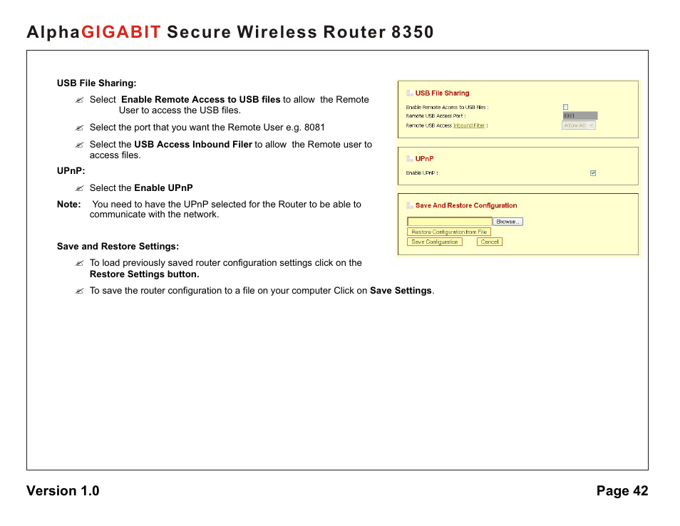 Alpha secure wireless router 8350 gigabit, Version 1.0 page 42 | AlphaShield Alpha Secure Wireless Router 8350 User Manual | Page 42 / 69