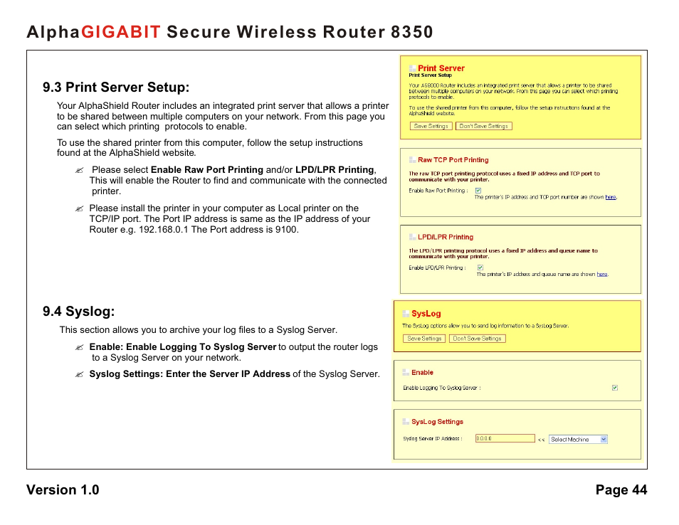 Alpha secure wireless router 8350 gigabit | AlphaShield Alpha Secure Wireless Router 8350 User Manual | Page 44 / 69