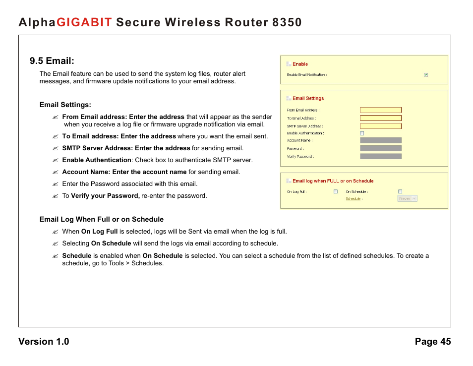 Alpha secure wireless router 8350 gigabit, 5 email, Version 1.0 page 45 | AlphaShield Alpha Secure Wireless Router 8350 User Manual | Page 45 / 69