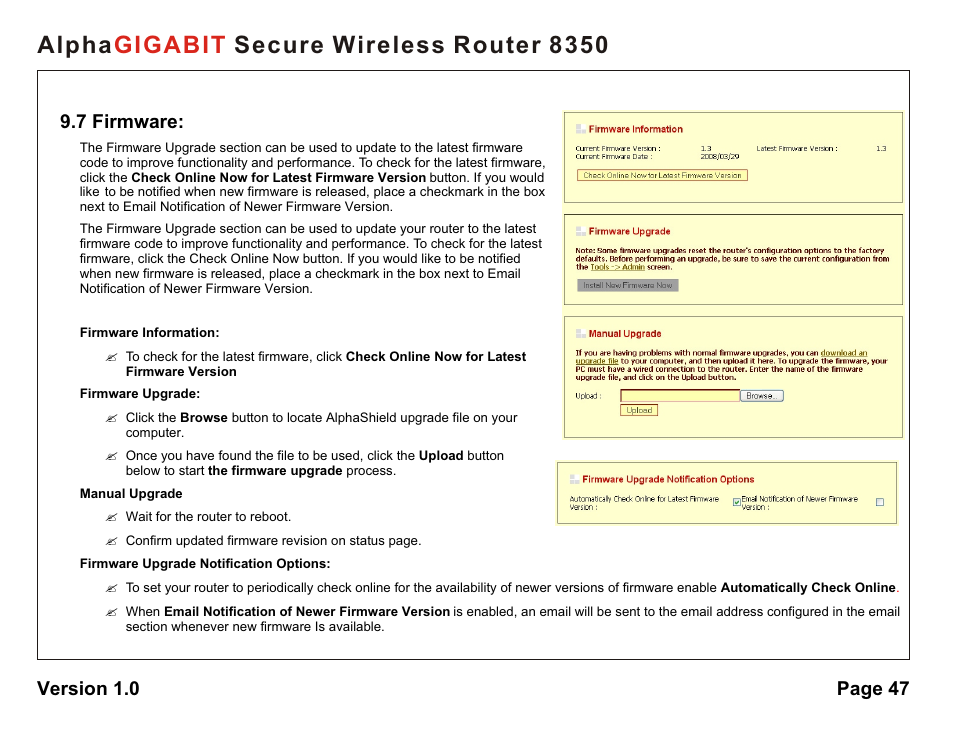 Alpha secure wireless router 8350 gigabit, 7 firmware, Version 1.0 page 47 | AlphaShield Alpha Secure Wireless Router 8350 User Manual | Page 47 / 69