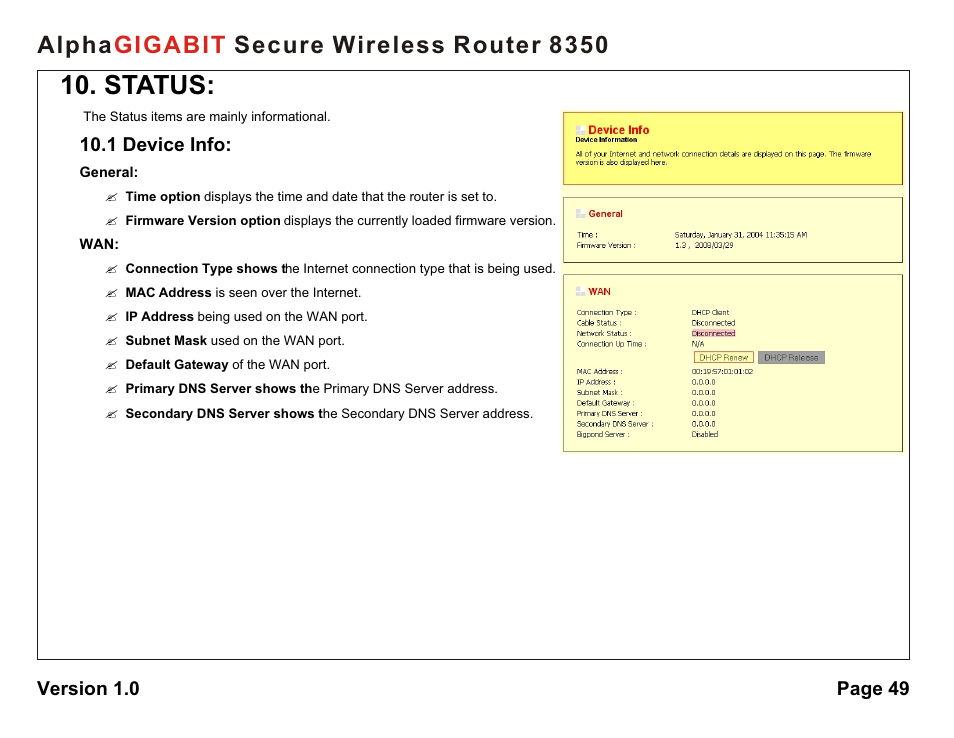 Status, Alpha secure wireless router 8350 gigabit | AlphaShield Alpha Secure Wireless Router 8350 User Manual | Page 49 / 69