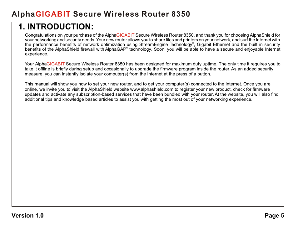 Introduction, Alpha secure wireless router 8350 gigabit | AlphaShield Alpha Secure Wireless Router 8350 User Manual | Page 5 / 69
