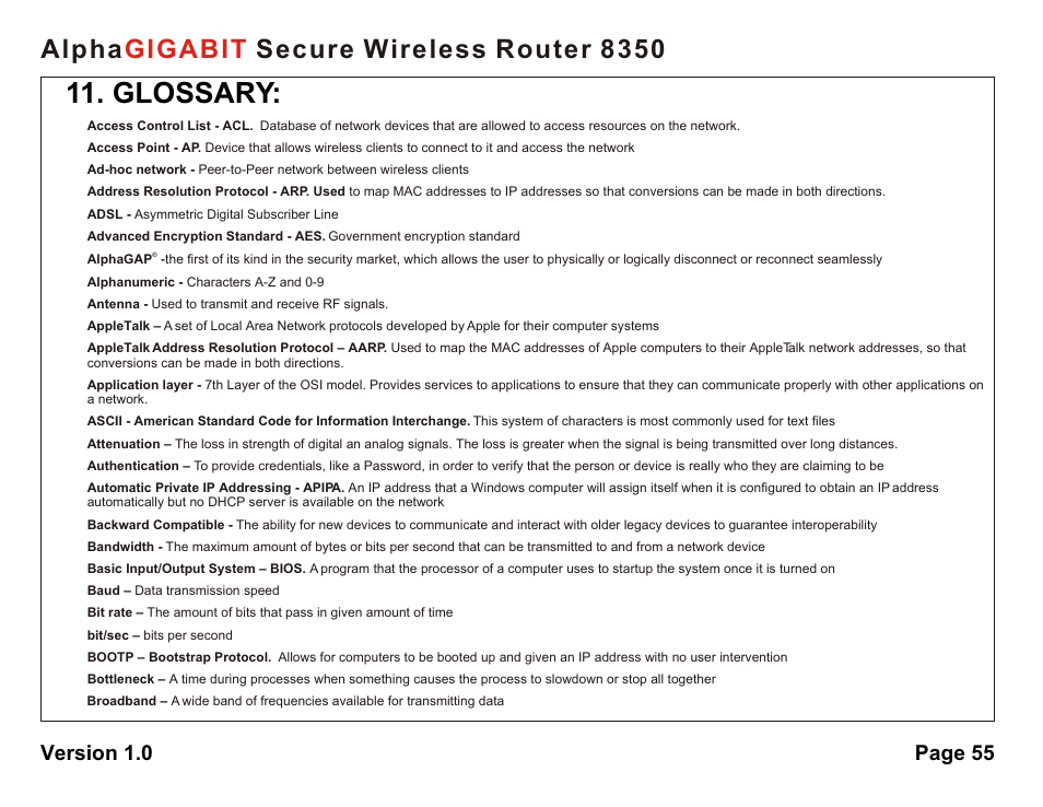 Glossary, Alpha secure wireless router 8350 gigabit, Version 1.0 page 55 | AlphaShield Alpha Secure Wireless Router 8350 User Manual | Page 55 / 69