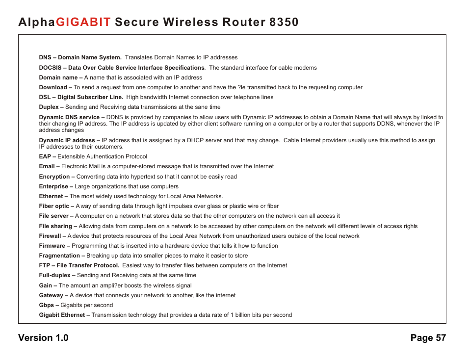 Alpha secure wireless router 8350 gigabit, Version 1.0 page 57 | AlphaShield Alpha Secure Wireless Router 8350 User Manual | Page 57 / 69