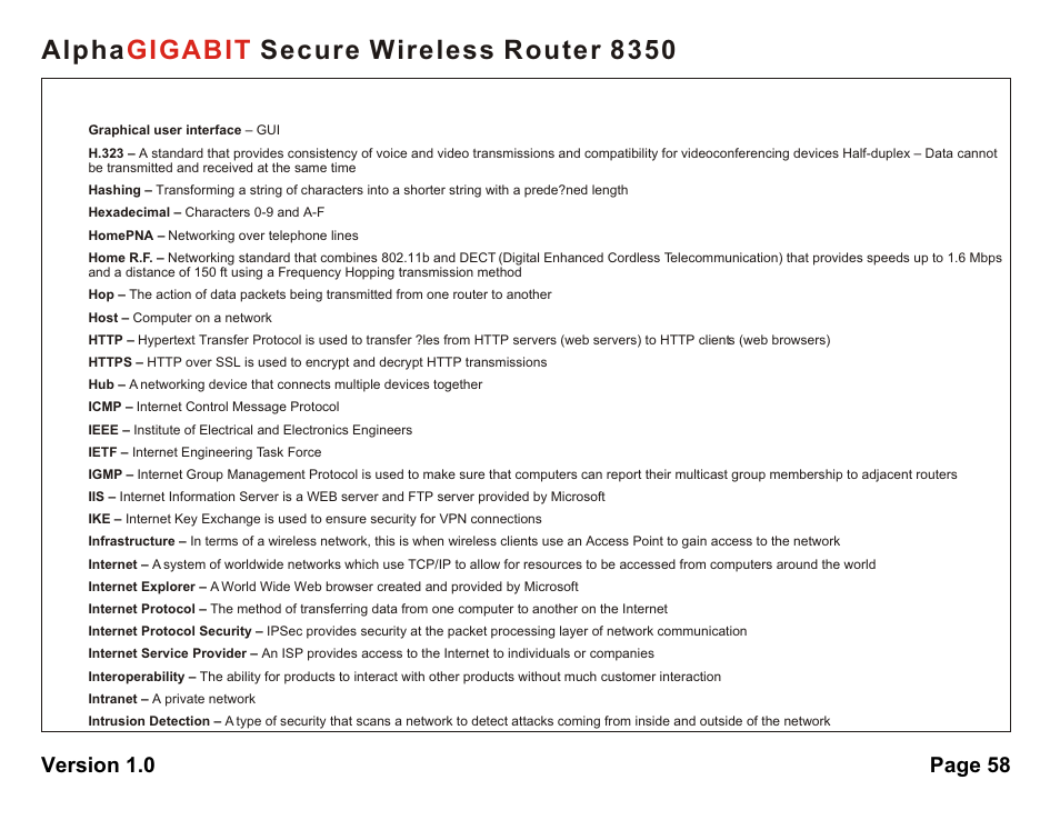 Alpha secure wireless router 8350 gigabit, Version 1.0 page 58 | AlphaShield Alpha Secure Wireless Router 8350 User Manual | Page 58 / 69