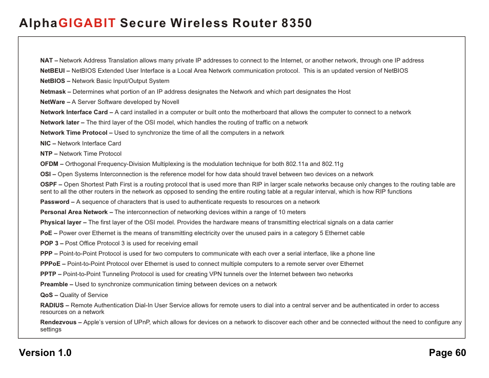 Alpha secure wireless router 8350 gigabit, Version 1.0 page 60 | AlphaShield Alpha Secure Wireless Router 8350 User Manual | Page 60 / 69