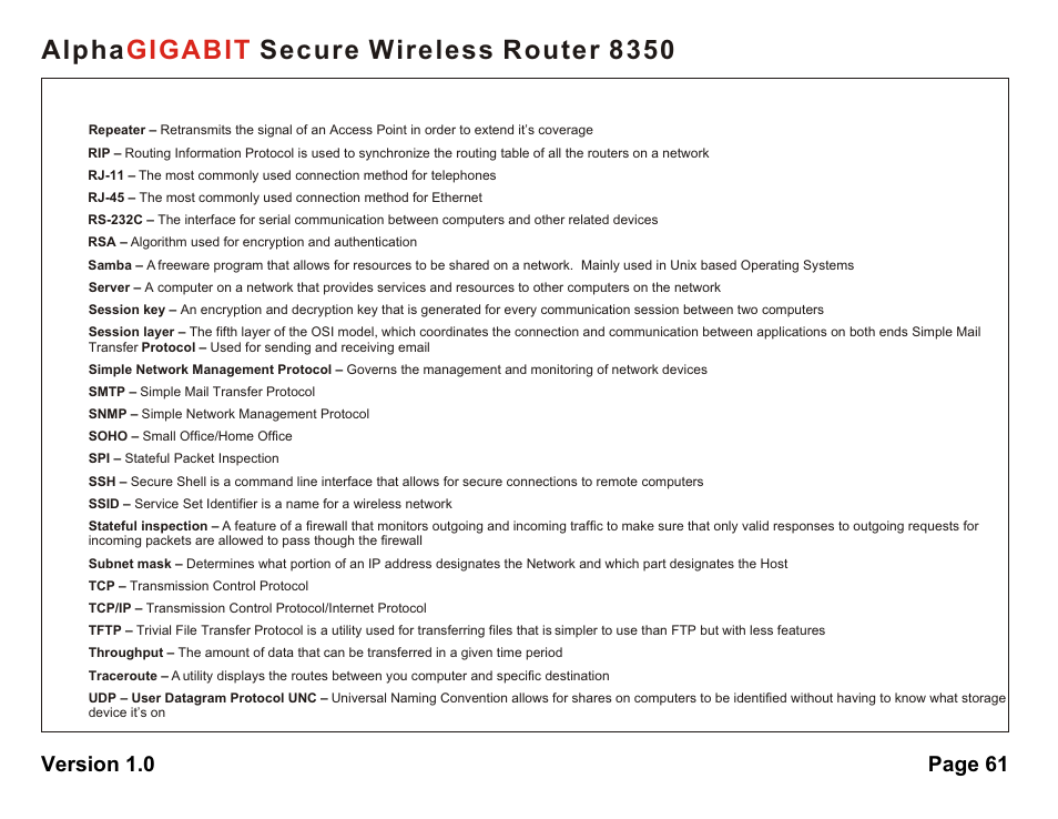 Alpha secure wireless router 8350 gigabit, Version 1.0 page 61 | AlphaShield Alpha Secure Wireless Router 8350 User Manual | Page 61 / 69