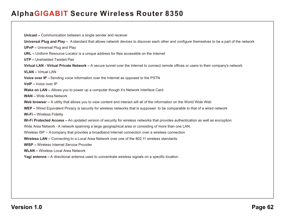 Alpha secure wireless router 8350 gigabit, Version 1.0 page 62 | AlphaShield Alpha Secure Wireless Router 8350 User Manual | Page 62 / 69