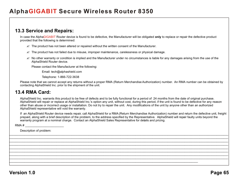 Alpha secure wireless router 8350 gigabit, 3 service and repairs, 4 rma card | Version 1.0 page 65 | AlphaShield Alpha Secure Wireless Router 8350 User Manual | Page 65 / 69