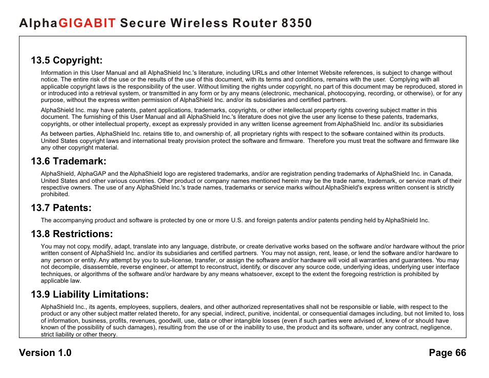 Alpha secure wireless router 8350 gigabit | AlphaShield Alpha Secure Wireless Router 8350 User Manual | Page 66 / 69