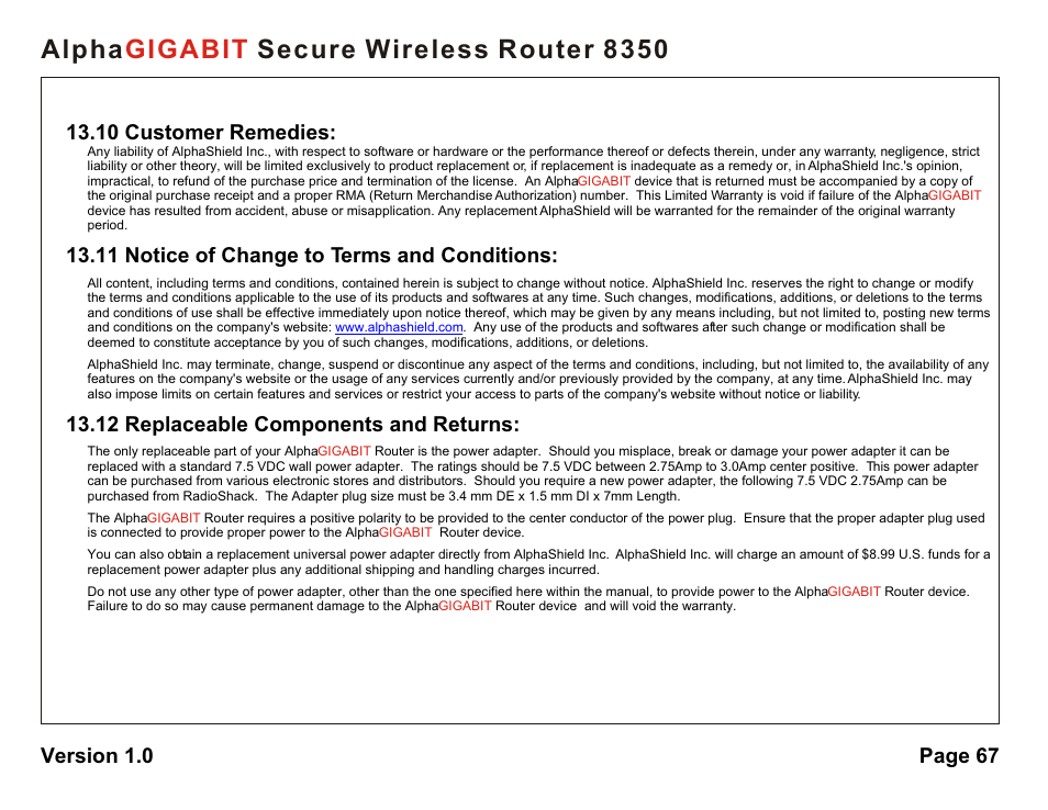 Alpha secure wireless router 8350 gigabit, 10 customer remedies, 11 notice of change to terms and conditions | 12 replaceable components and returns, Version 1.0 page 67 | AlphaShield Alpha Secure Wireless Router 8350 User Manual | Page 67 / 69