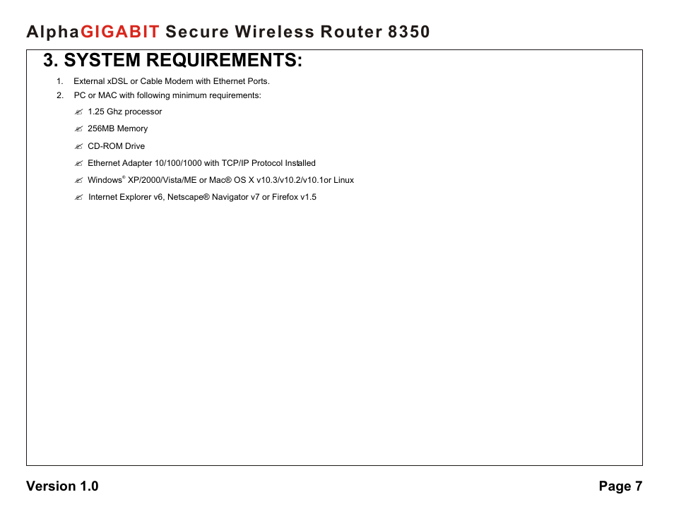 System requirements, Alpha secure wireless router 8350 gigabit, Version 1.0 page 7 | AlphaShield Alpha Secure Wireless Router 8350 User Manual | Page 7 / 69