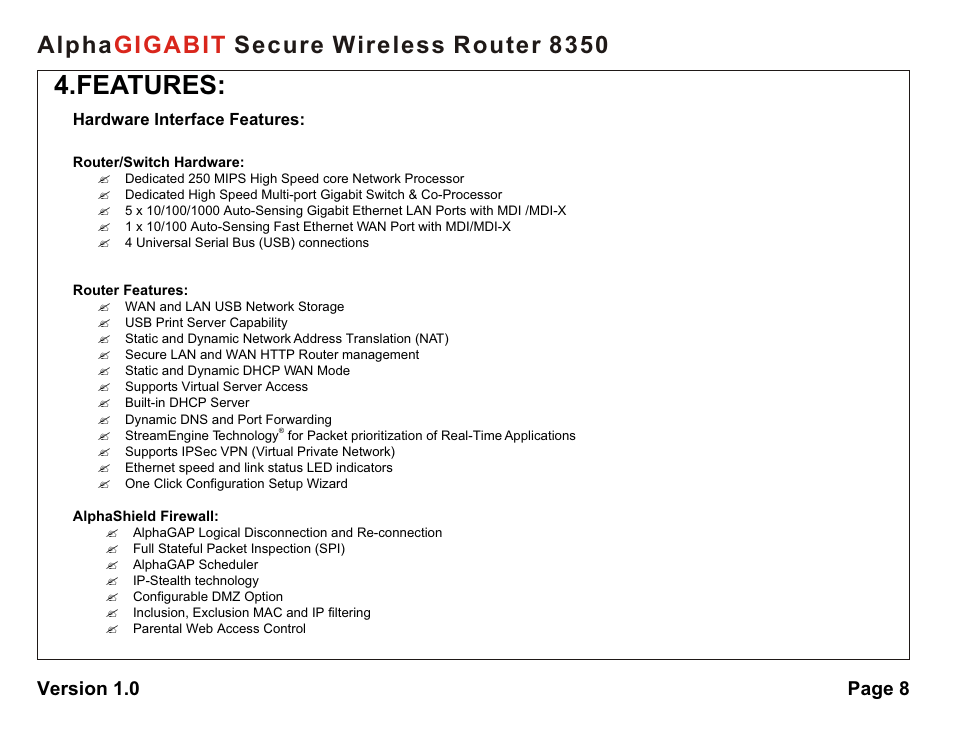 Features, Alpha secure wireless router 8350 gigabit, Version 1.0 page 8 | AlphaShield Alpha Secure Wireless Router 8350 User Manual | Page 8 / 69