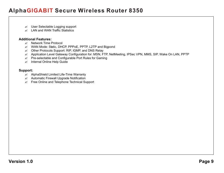 Alpha secure wireless router 8350 gigabit, Version 1.0 page 9 | AlphaShield Alpha Secure Wireless Router 8350 User Manual | Page 9 / 69
