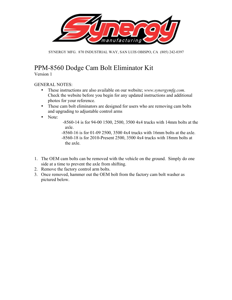 Synergy 8560 - Dodge Cam Bolt Eliminator Kit User Manual | 3 pages