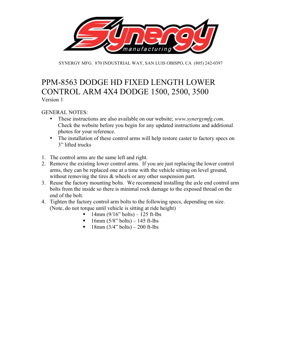 Synergy 8563 - Dodge HD Fixed Front Lower Control Arms User Manual | 1 page
