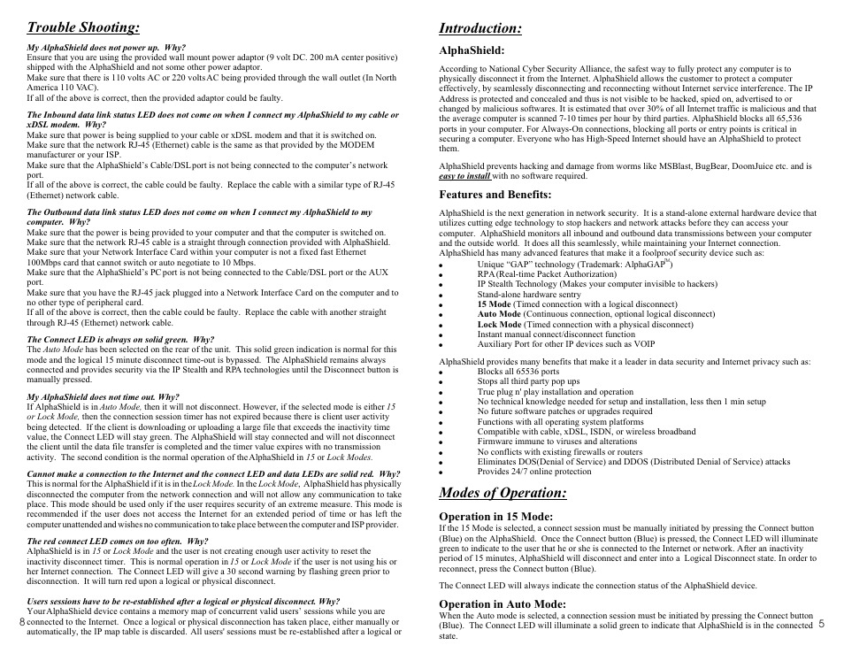 Introduction, Modes of operation, Trouble shooting | AlphaShield Hardware Firewall User Manual | Page 6 / 6