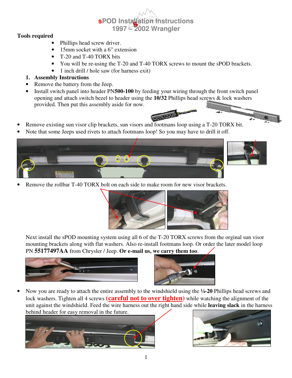sPOD TJ 2003-2006 Instructions Center Bracket User Manual | 4 pages