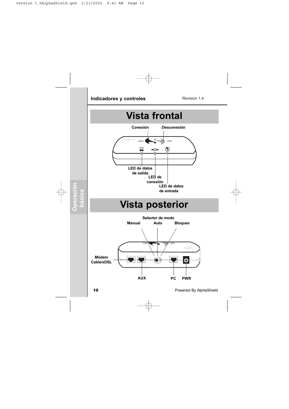 Front view rear view, Vista frontal vista posterior, Op era ci ón bás ica | AlphaShield INTERNET PRIVACY PROTECTION User Manual | Page 11 / 49