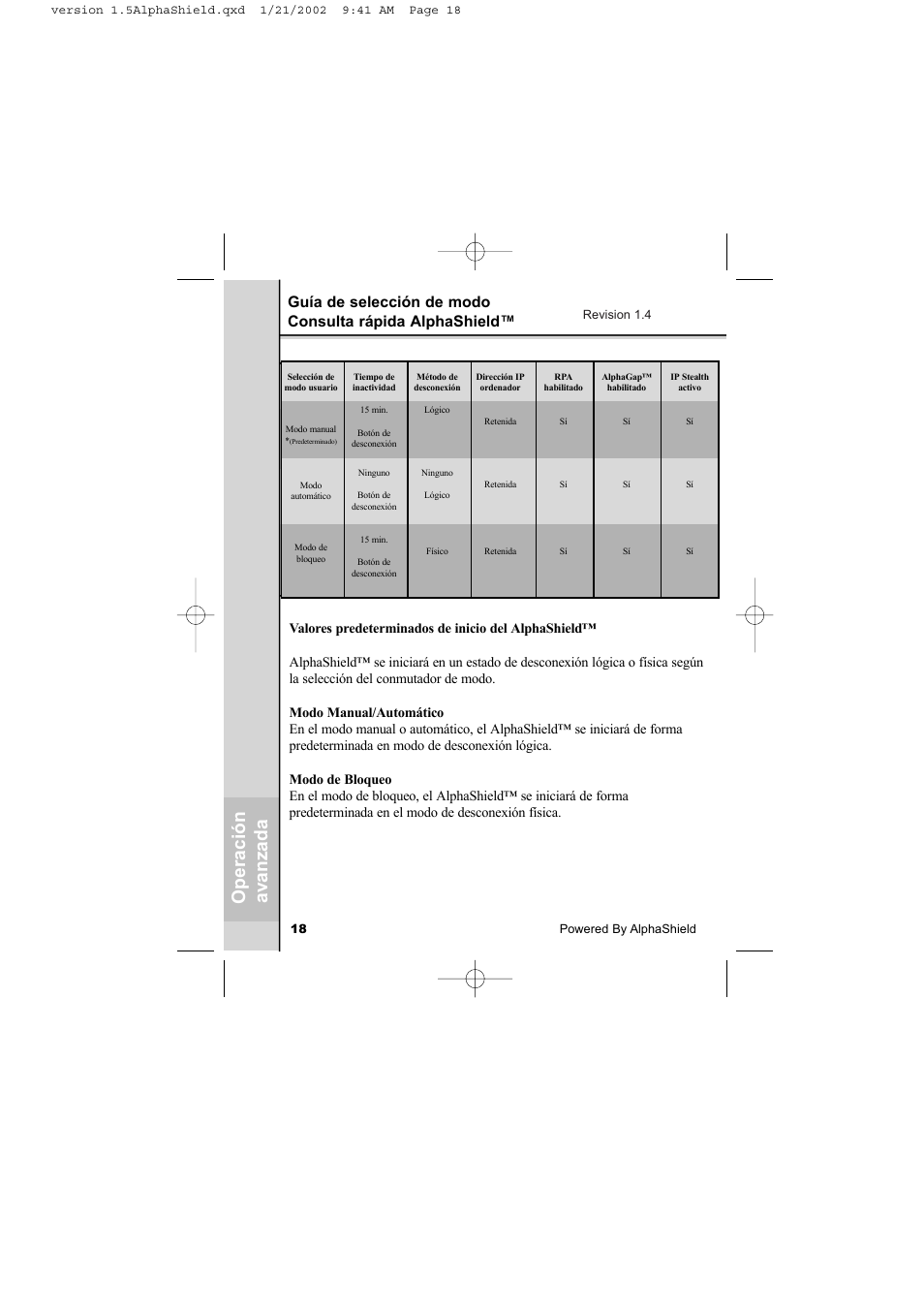 Op er ac ión av anz ad a, Alphashield™ quick reference mode selection guide | AlphaShield INTERNET PRIVACY PROTECTION User Manual | Page 19 / 49