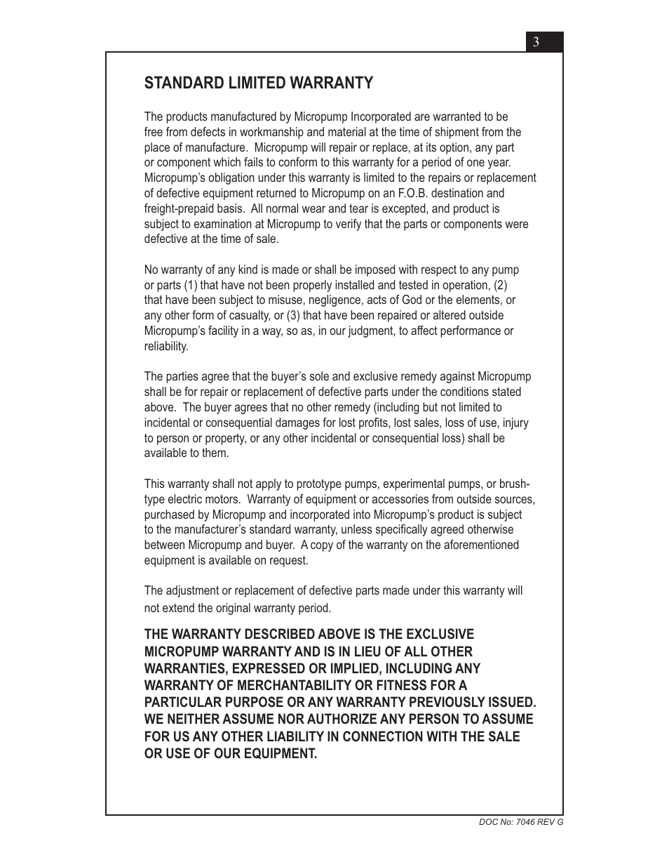 Standard limited warranty | Micropump GN Series Installation, Operation and Warranty Information User Manual | Page 3 / 35