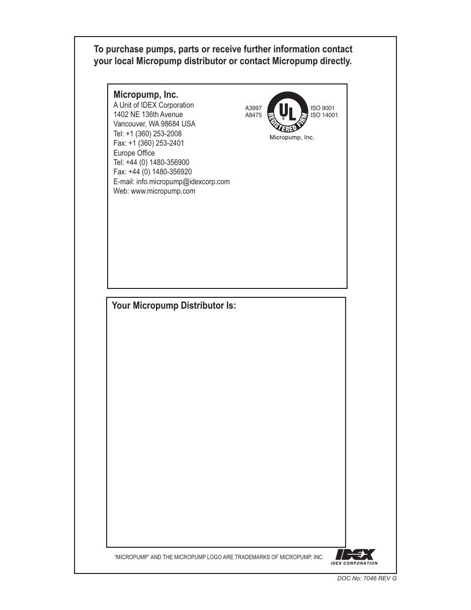 Micropump, inc, Your micropump distributor is | Micropump GN Series Installation, Operation and Warranty Information User Manual | Page 35 / 35