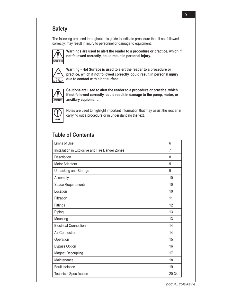 Table of contents safety | Micropump GN Series Installation, Operation and Warranty Information User Manual | Page 5 / 35