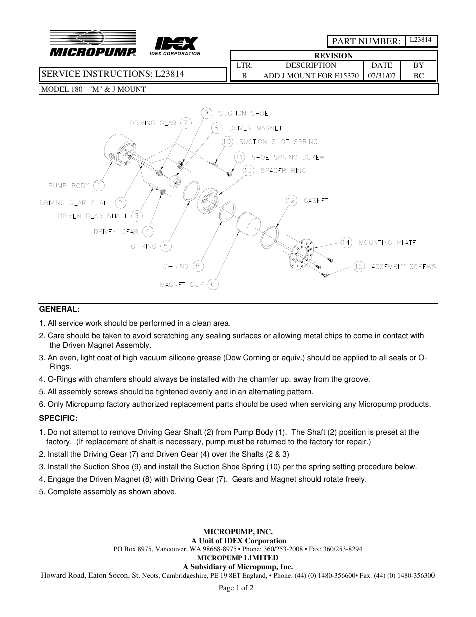 Micropump GA Series Service Instructions - M Mount (for I-Drive) User Manual | 2 pages
