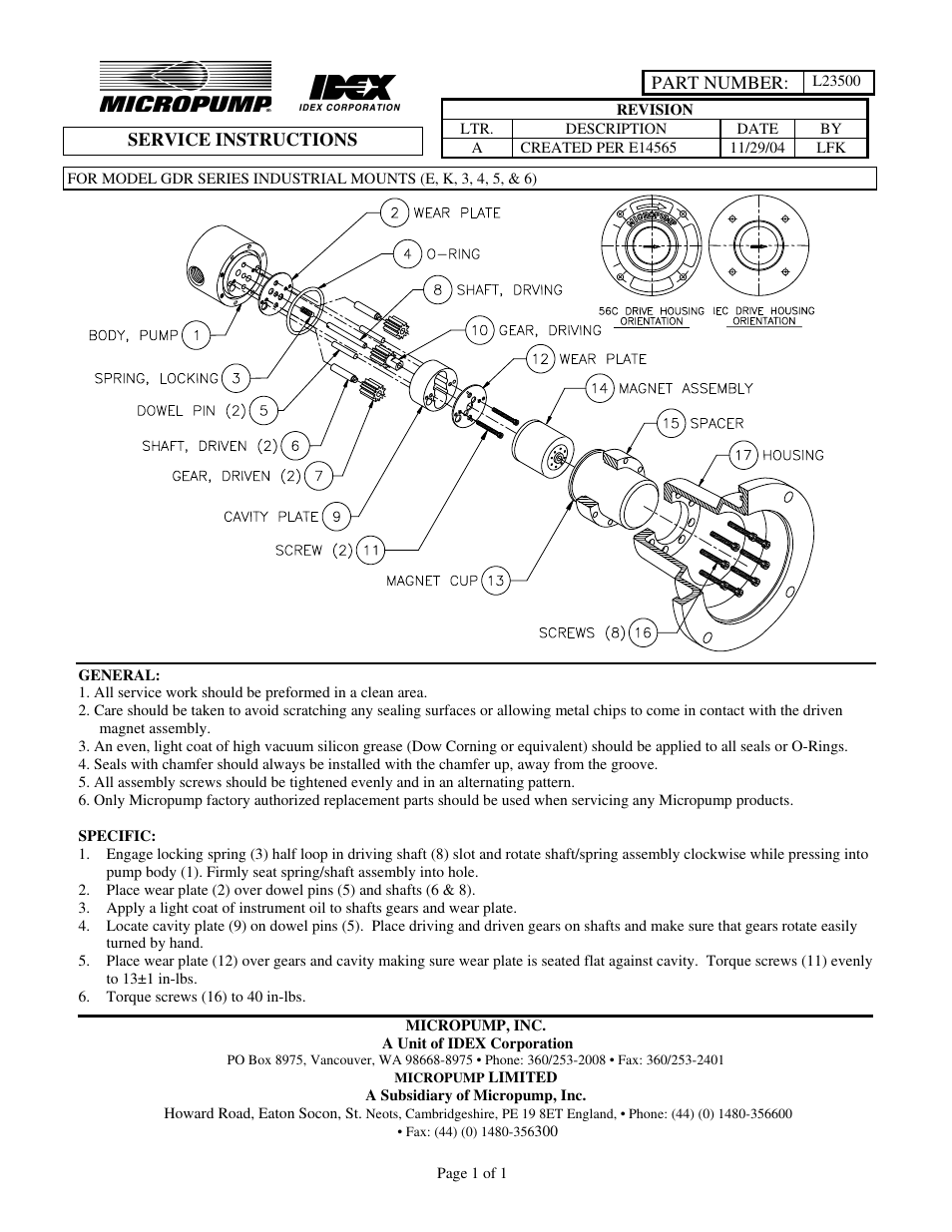 Micropump GD Series GDR Service Instructions (Industrial Mounts) User Manual | 1 page