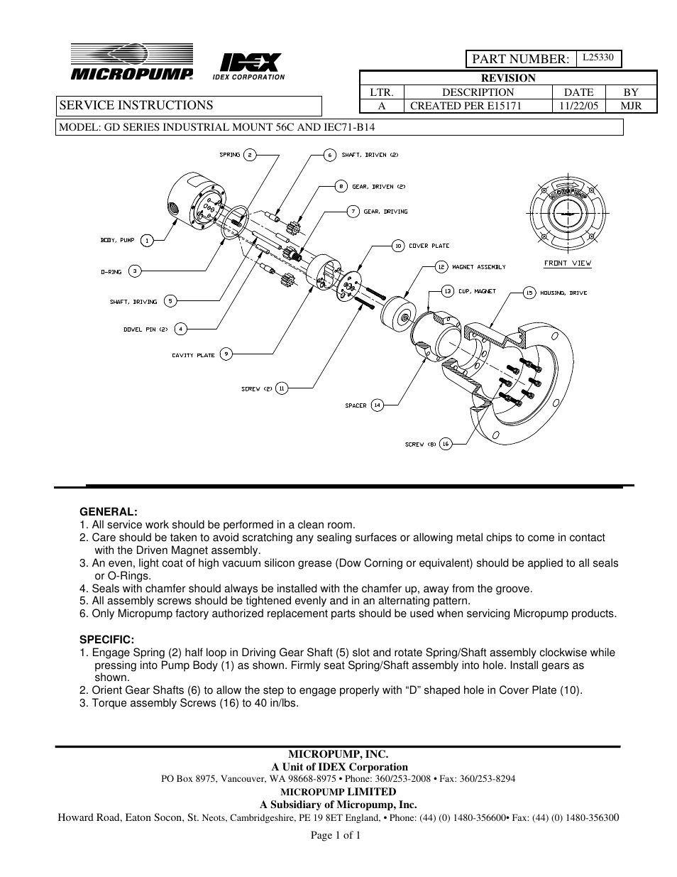 Micropump GD Series Service Instructions - E Mount (Industrial Mounts) User Manual | 1 page