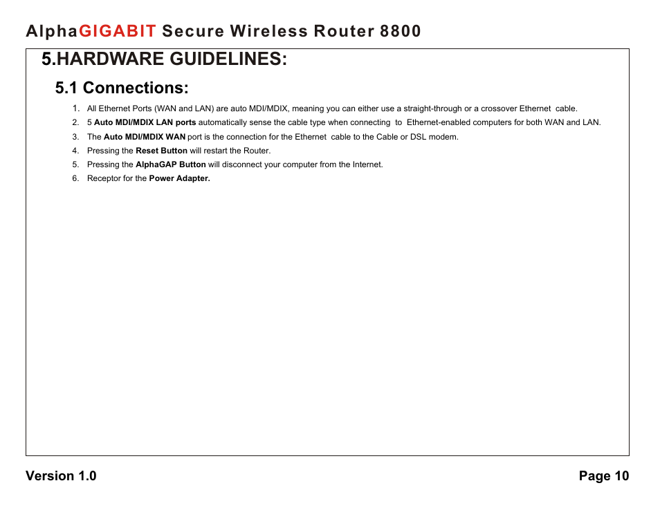 Hardware guidelines, 1 connections, Alpha secure wireless router 8800 gigabit | AlphaShield 8800 User Manual | Page 10 / 81