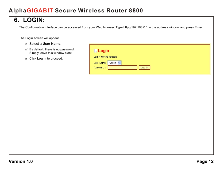 Login, Alpha secure wireless router 8800 gigabit | AlphaShield 8800 User Manual | Page 12 / 81
