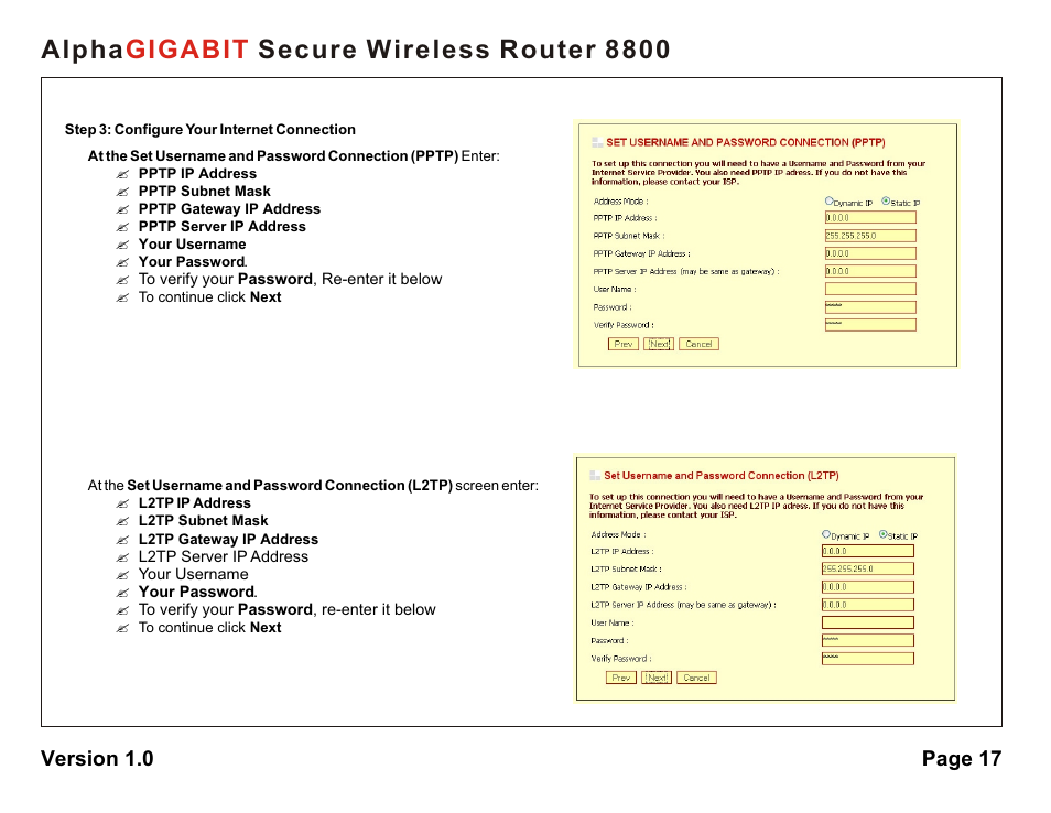 Alpha secure wireless router 8800 gigabit, Version 1.0 page 17 | AlphaShield 8800 User Manual | Page 17 / 81