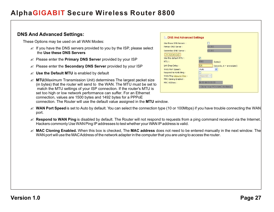 Alpha secure wireless router 8800 gigabit | AlphaShield 8800 User Manual | Page 27 / 81