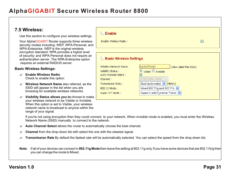 Alpha secure wireless router 8800 gigabit, 5 wireless, Version 1.0 page 31 | AlphaShield 8800 User Manual | Page 31 / 81