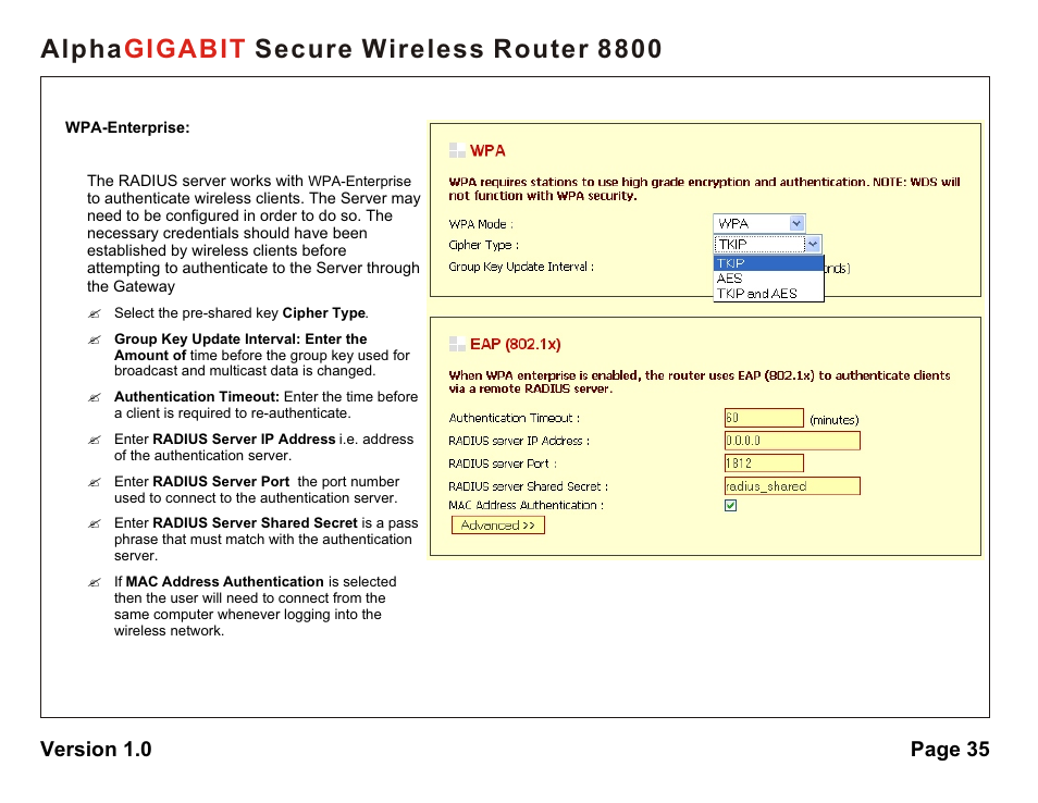 Alpha secure wireless router 8800 gigabit, Version 1.0 page 35 | AlphaShield 8800 User Manual | Page 35 / 81