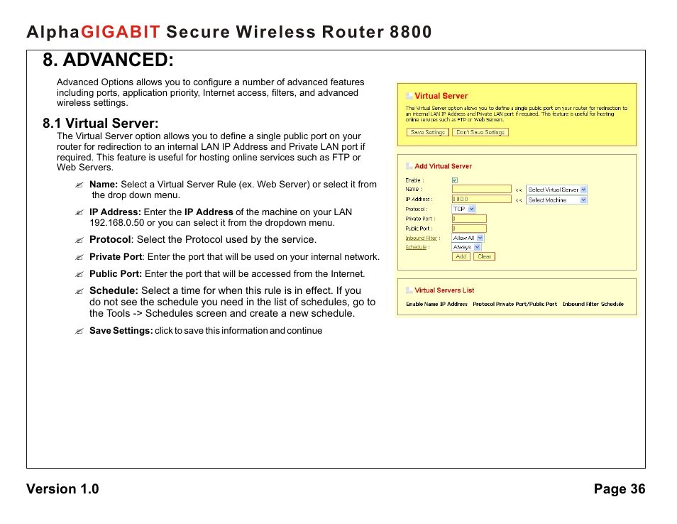 Advanced, Alpha secure wireless router 8800 gigabit | AlphaShield 8800 User Manual | Page 36 / 81