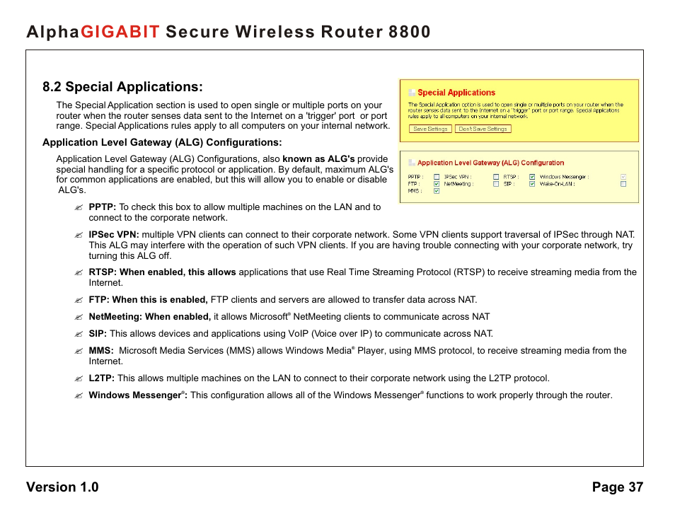 Alpha secure wireless router 8800 gigabit, 2 special applications, Version 1.0 page 37 | AlphaShield 8800 User Manual | Page 37 / 81